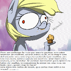 Size: 800x800 | Tagged: safe, derpy hooves, pegasus, pony, g4, animated, ask-derpyweas, eating, female, mare, muffin, solo, spanish