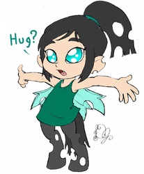 Size: 827x1000 | Tagged: safe, artist:dj-black-n-white, oc, oc only, oc:mistake, changeling, satyr, chibi, cute, cute little fangs, fangs, female, hug request, no pupils, offspring, parent:queen chrysalis, signature, simple background, solo, white background
