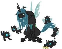 Size: 1112x882 | Tagged: safe, artist:elslowmo, artist:nobody, queen chrysalis, changeling, changeling queen, nymph, g4, cute, cutealis, cuteling, exhausted, female, mommy chrissy, offspring, parent:queen chrysalis, tired, toy, toy train