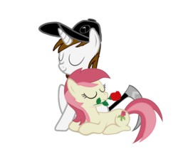 Size: 900x780 | Tagged: safe, artist:mibevan, roseluck, oc, earth pony, pony, unicorn, g4, canon x oc, duo, ev b, eyes closed, female, flower, hat, mouth hold, rose, show accurate, simple background, transparent background
