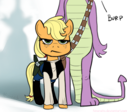 Size: 969x856 | Tagged: safe, artist:hinoraito, applejack, spike, g4, burp, chewbacca, clothes, crossover, han solo, star wars
