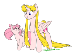 Size: 1000x747 | Tagged: safe, artist:kourabiedes, alicorn, pony, chibiusa, mother and daughter, ponified, sailor moon (series)