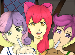 Size: 3507x2550 | Tagged: safe, artist:flowchan, apple bloom, scootaloo, sweetie belle, human, g4, humanized, milkshake, trio