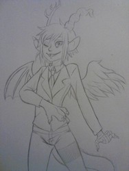 Size: 768x1024 | Tagged: safe, artist:quackingmoron, discord, g4, clothes, eared humanization, horn, horned humanization, humanized, male, monochrome, necktie, solo, suit, traditional art, winged humanization, wink