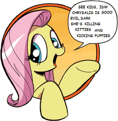 Size: 421x431 | Tagged: safe, idw, fluttershy, queen chrysalis, friendship is magic #3, g4, my little pony: friendship is magic (idw), bad advice fluttershy, exploitable meme, female, solo