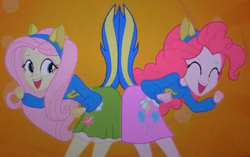 Size: 898x565 | Tagged: safe, screencap, fluttershy, pinkie pie, equestria girls, g4, my little pony equestria girls, butt bump, butt to butt, butt touch, female, helping twilight win the crown, wondercolts