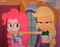 Size: 820x641 | Tagged: safe, screencap, applejack, pinkie pie, equestria girls, g4, my little pony equestria girls, annoyed, applejack ain't havin' it, unamused