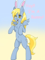 Size: 767x1021 | Tagged: safe, artist:quackingmoron, derpy hooves, pony, belly button, bipedal, bunny ears, chest fluff, easter, female, solo