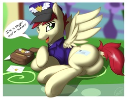 Size: 2500x1955 | Tagged: dead source, safe, artist:skipsy, care package, special delivery, pegasus, pony, g4, bedroom eyes, butt, dock, hat, looking at you, looking back, looking back at you, lying down, mail, mailbag, mailpony, male, plot, solo, spread wings, stallion, wings