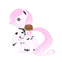 Size: 1800x1800 | Tagged: safe, artist:jdan-s, oc, oc only, oc:cyberia heart, earth pony, original species, pony, robot, robot pony, black forest cake, cake, crossover, food, portal (valve), solo