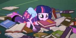 Size: 892x448 | Tagged: safe, screencap, twilight sparkle, equestria girls, g4, my little pony equestria girls, adorkable, bibliovore, book, cute, dork, female, humans doing horse things, mouth hold, nom, solo