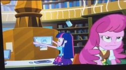 Size: 843x469 | Tagged: safe, screencap, cheerilee, twilight sparkle, equestria girls, g4, my little pony equestria girls, cheerilee is not amused, computer, frustrated, low quality, struggle with technology