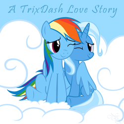 Size: 1250x1250 | Tagged: safe, artist:navitaserussirus, rainbow dash, trixie, g4, blue, female, lesbian, shipping, trixdash, winghug