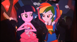 Size: 1472x819 | Tagged: safe, rainbow dash, twilight sparkle, equestria girls, g4, my little pony equestria girls, armpits, arms in the air, bedroom eyes, clothes, dress, fall formal outfits, hands in the air, shipping fuel, skirt, sleeveless, sleeveless dress