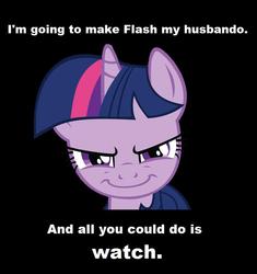 Size: 714x758 | Tagged: safe, artist:mysteriouskaos, flash sentry, twilight sparkle, g4, >:), evil, female, husbando, implied flashlight, implied shipping, implied straight, male, pure unfiltered evil, role reversal, solo