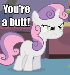 Size: 326x349 | Tagged: safe, edit, edited screencap, screencap, sweetie belle, pony, unicorn, g4, angry, caption, female, filly, image macro, solo