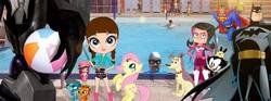 Size: 848x315 | Tagged: safe, fluttershy, dog, human, pony, g4, animaniacs, aquabats, batman, batman the animated series, beach ball, blythe baxter, clothes, crossover, dot warner, evil smile, female, grin, hand on hip, irl, irl human, legs, littlest pet shop, lucky smarts, male, mc bat commander, megatron, photo, pool party, pound puppies, russell ferguson, shezow, shorts, smiling, smug, smug smile, strawberry shortcake, strawberry shortcake (character), strawberry shortcake's berry bitty adventures, summer, sunil nevla, superman, superman the animated series, swimming pool, the aquabats! super show!, the hub, transformers, transformers prime, water, wingless
