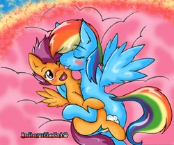 Size: 1000x834 | Tagged: safe, artist:anibaruthecat, rainbow dash, scootaloo, pegasus, pony, g4, blushing, cloud, cuddling, drool, female, grooming, lesbian, licking, mare, pseudoincest, scootalove, ship:scootadash, shipping, snuggling