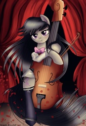 Size: 3526x5199 | Tagged: safe, artist:pridark, octavia melody, earth pony, pony, g4, absurd resolution, bipedal, blushing, bow (instrument), bowtie, cello, clothes, female, flower petals, long mane, long tail, looking at you, musical instrument, smiling, solo, stockings