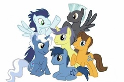 Size: 600x400 | Tagged: safe, artist:dr-j33, blues, caramel, comet tail, noteworthy, pokey pierce, soarin', thunderlane, earth pony, pegasus, pony, unicorn, g4, background six, male, stallion