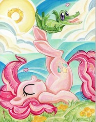 Size: 629x800 | Tagged: safe, artist:sara richard, gummy, pinkie pie, g4, cute, diapinkes, duo, eyes closed, heart, legs in air, on back, open mouth, traditional art