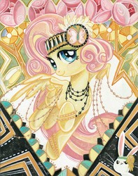 Size: 629x800 | Tagged: safe, artist:sararichard, angel bunny, fluttershy, g4, clothes, dress, female, headdress, solo, traditional art