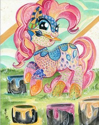 Size: 630x800 | Tagged: safe, artist:sararichard, pinkie pie, g4, body art, bodypaint, female, paint, paint on fur, paintbrush, solo, traditional art