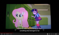 Size: 851x510 | Tagged: safe, screencap, fluttershy, twilight sparkle, equestria girls, g4, my little pony equestria girls, female, youtube caption