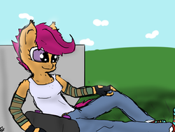 Size: 1600x1200 | Tagged: safe, artist:avengedplatypus, scootaloo, anthro, g4, female, skateboard, solo