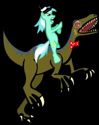 Size: 795x1005 | Tagged: safe, artist:ennervateindustries, lyra heartstrings, dinosaur, pony, unicorn, velociraptor, g4, absurd, bowtie, female, hat, mare, monocle, open mouth, ponies riding dinosaurs, riding, top hat