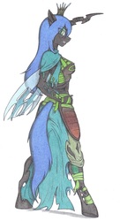 Size: 553x1018 | Tagged: dead source, safe, artist:sirartemisderpington, queen chrysalis, anthro, unguligrade anthro, g4, armor, female, solo, traditional art