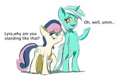 Size: 1113x694 | Tagged: safe, artist:grissaecrim, bon bon, lyra heartstrings, sweetie drops, earth pony, pony, unicorn, g4, bipedal, colored pupils, dialogue, duo, human behavior, looking at each other, raised hoof, simple background, white background