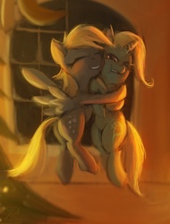 Size: 600x789 | Tagged: safe, artist:grissaecrim, derpy hooves, trixie, pegasus, pony, g4, female, hug, mare