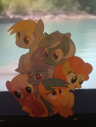 Size: 2448x3264 | Tagged: safe, carrot top, cheerilee, derpy hooves, golden harvest, lyra heartstrings, sunshower raindrops, trixie, earth pony, pegasus, pony, unicorn, g4, collaboration, female, luna six, lunaverse, mare, pocket pony, pony bouquet
