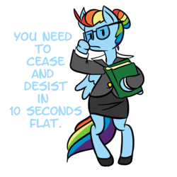 Size: 1000x1000 | Tagged: safe, artist:fauxsquared, rainbow dash, pegasus, pony, g4, adorkable, alternate hairstyle, bipedal, book, cease and desist, clothes, cute, dork, dress, female, glasses, lawyer, mare, rainbow dork, simple background, solo, text, transparent background