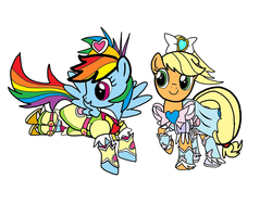 Size: 1024x768 | Tagged: safe, artist:omegaridersangou, applejack, rainbow dash, g4, clothes, cosplay, costume, cure bloom, cure bright, cure egret, cure windy, dressup, precure, pretty cure, pretty cure splash star