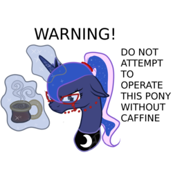 Size: 2000x2000 | Tagged: safe, artist:cosmic-brownie, princess luna, g4, caffeine, coffee, cup, erreurs, female, glasses, magic, misspelling, mug, ponytail, simple background, solo, spectacles, transparent background, vector, warning