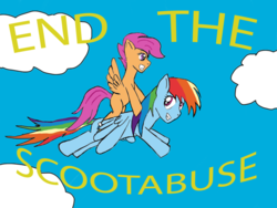 Size: 900x675 | Tagged: safe, artist:thescorpion, rainbow dash, scootaloo, g4, scootabuse, scootalove