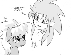 Size: 1493x1147 | Tagged: safe, artist:dj-black-n-white, cloudchaser, g4, crossover, dialogue, monochrome, ryoko, tenchi muyo