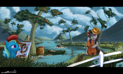 Size: 1008x612 | Tagged: safe, artist:auroriia, octavia melody, trixie, g4, beret, cello, cowboy hat, g cleft, hat, mountain, musical instrument, paintbrush, painting, river, scenery, tree, water, wet mane