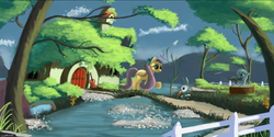 Size: 1344x673 | Tagged: safe, artist:auroriia, angel bunny, flitter, fluttershy, gummy, g4, bath, cello, fence, fluttershy's cottage, musical instrument, river, scenery, tree, tree stump