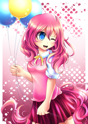 Size: 1000x1415 | Tagged: safe, artist:fenrixion, pinkie pie, human, g4, balloon, female, humanized, pixiv, solo, tailed humanization