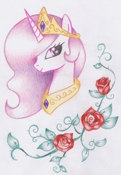 Size: 472x681 | Tagged: safe, artist:miyukikyki, princess celestia, alicorn, pony, g4, female, pink-mane celestia, portrait, rose, solo, traditional art