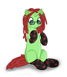 Size: 742x848 | Tagged: artist needed, safe, oc, oc only, pony, unicorn, blushing, clothes, cute, dreadlocks, glasses, hermostoraunio, piercing, sitting, socks, solo