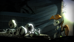 Size: 1920x1080 | Tagged: safe, artist:d0ntst0pme, oc, oc only, oc:littlepip, pony, unicorn, fallout equestria, 3d, bone, clothes, crepuscular rays, dead, fallout, fanfic, fanfic art, female, gmod, gun, handgun, holotape, hooves, horn, jumpsuit, little macintosh, mare, open mouth, pipbuck, revolver, saddle bag, skeleton, solo, vault suit, wasteland, weapon