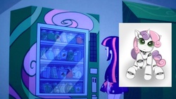 Size: 800x450 | Tagged: safe, sweetie belle, twilight sparkle, unicorn, equestria girls, g4, my little pony equestria girls, sweetie bot, vending machine