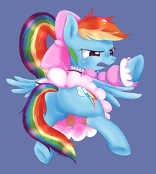 Size: 994x1102 | Tagged: safe, artist:sion, rainbow dash, g4, bow, butt, clothes, dress, embarrassed, female, frown, plot, ponytail, presenting, rainbow dash always dresses in style, simple background, solo