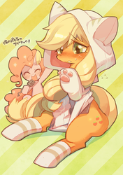 Size: 564x800 | Tagged: safe, artist:rikose, applejack, pinkie pie, cat, applecat, blushing, cat ears, cat hoodie, cat paws, cat's pajamas, clothes, costume, cute, embarrassed, eyes closed, hoodie, hoof hold, jackabetes, japanese, kigurumi, microphone, open mouth, sitting, smiling, socks, striped socks, sweatdrop, translated in the comments