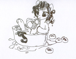 Size: 638x500 | Tagged: safe, artist:tomatocoup, rarity, g4, bath, bathing, bathtub, brush, brushie, female, hair curlers, hooves, monochrome, solo, traditional art, washing, younger