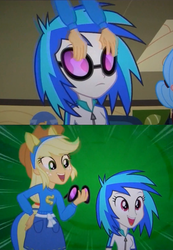 Size: 1100x1593 | Tagged: safe, screencap, applejack, dj pon-3, vinyl scratch, equestria girls, g4, my little pony equestria girls, helping twilight win the crown, smiling